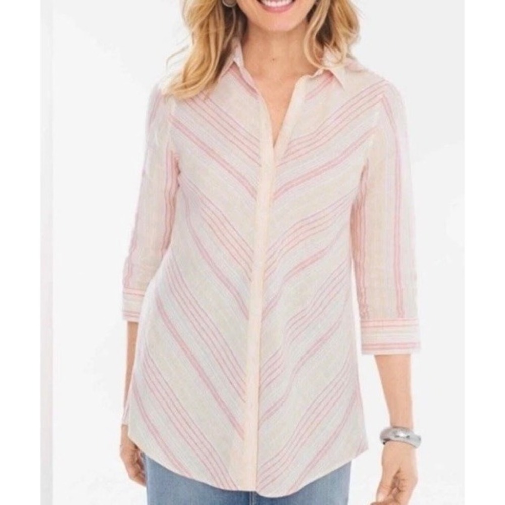 CHICO'S No-Iron 100%‎ Linen Striped Button Up Back Tunic Top Size 1 M Pink Strip